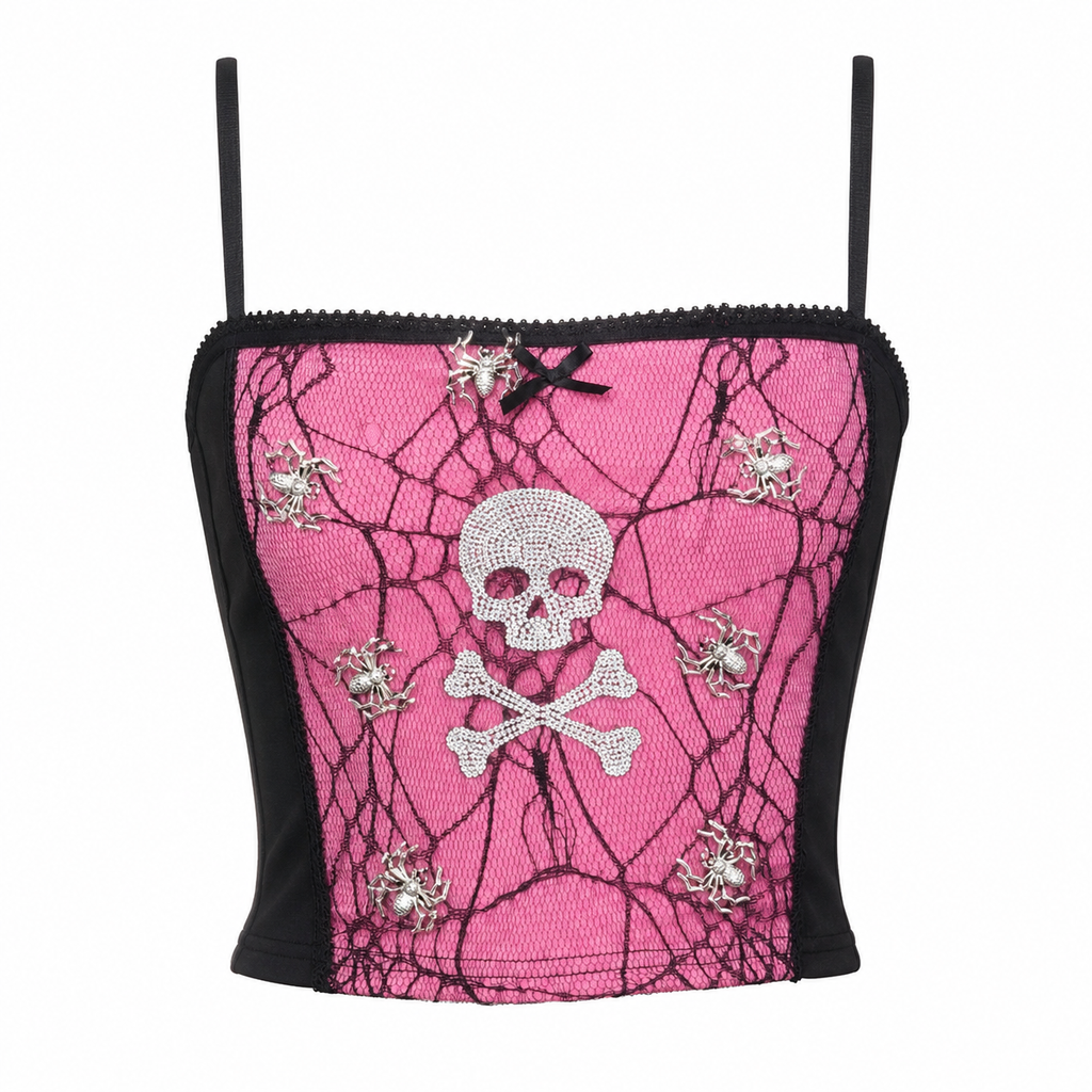 Spider Web Skull Halter Crop Top