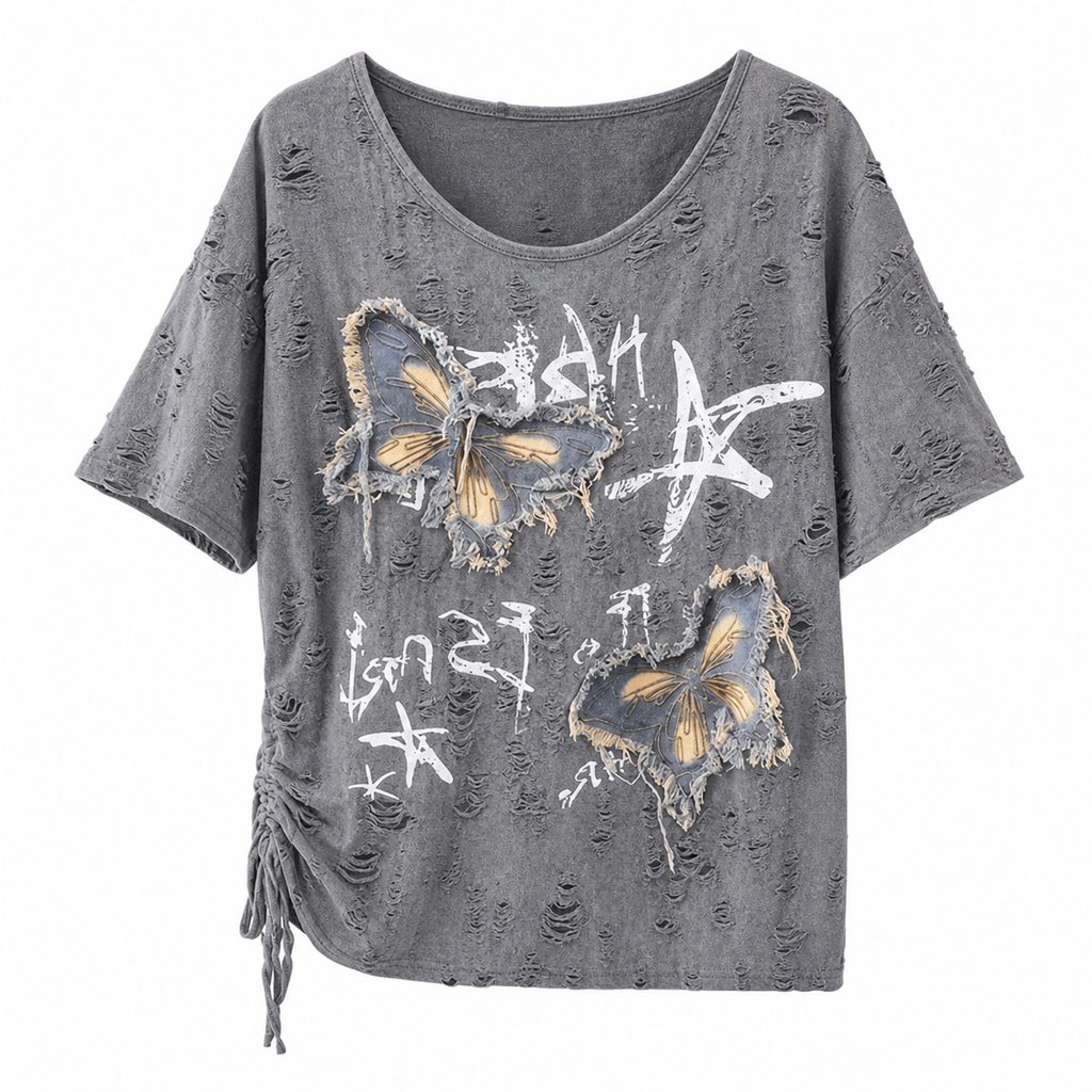 Women's Gray Distressed Butterfly Graphic T-Shirt