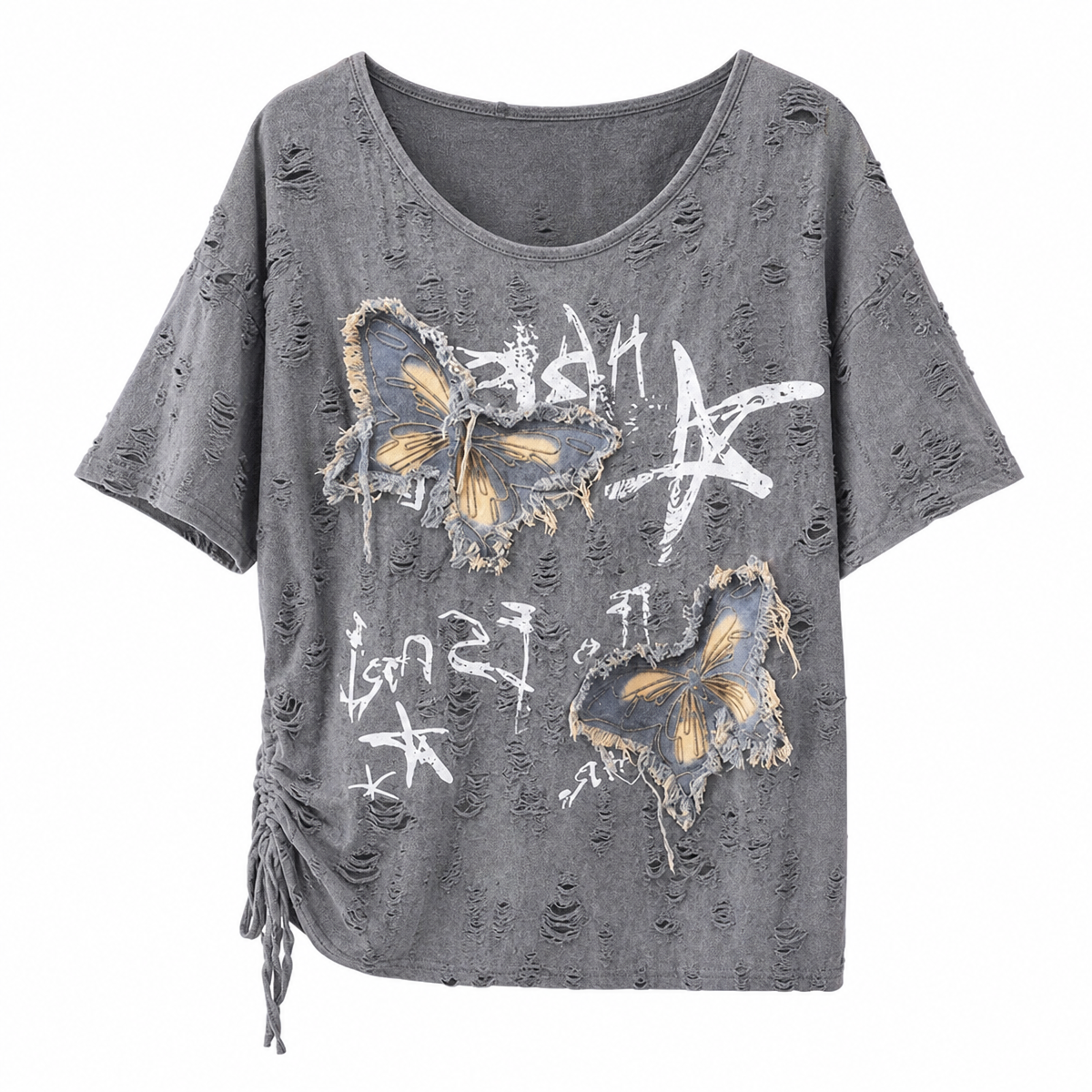 Women's Gray Distressed Butterfly Graphic T-Shirt