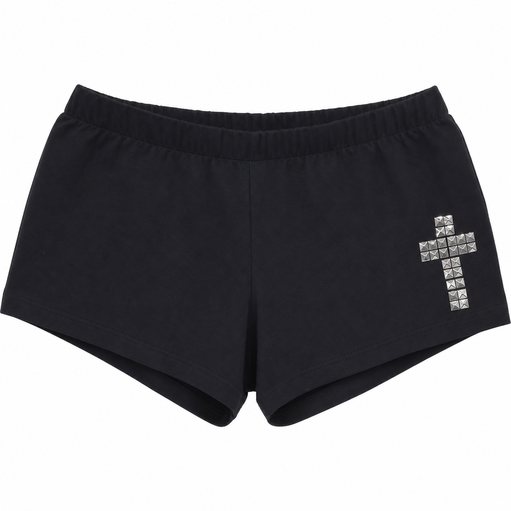 Women’s Black Low-Rise Shorts with Geometric Cross Stud Detail