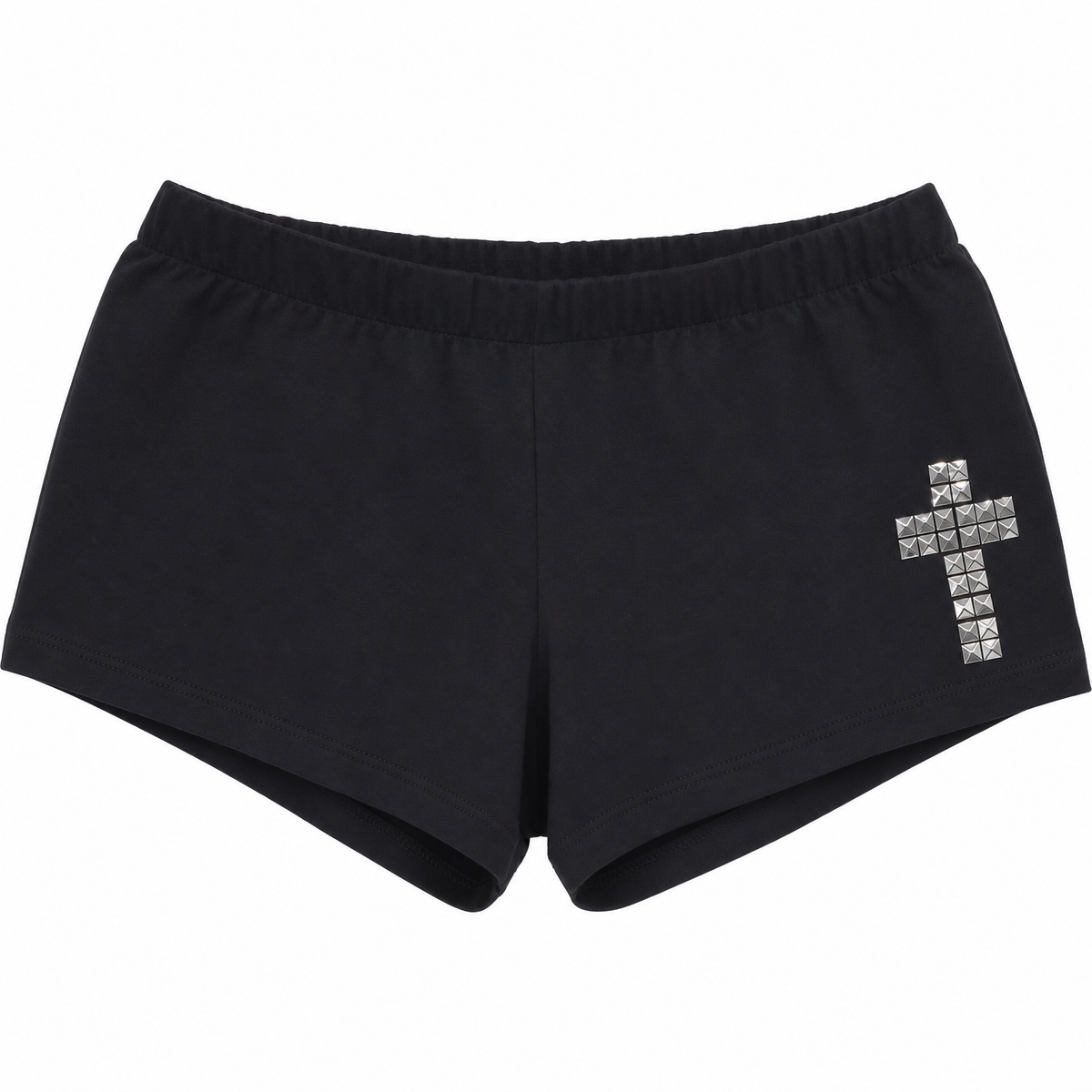 Women’s Black Low-Rise Shorts with Geometric Cross Stud Detail
