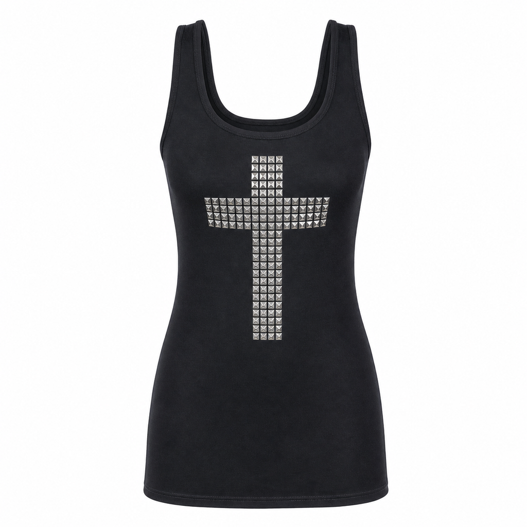 Women's Black Gothic Sleeveless Cross Top