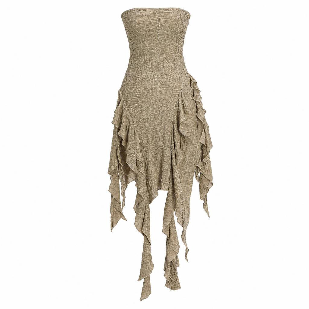 Khaki Strapless Ruffle-Fringe Dress