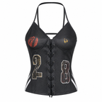 Black Graphic Lace-Up Halter Camisole Top
