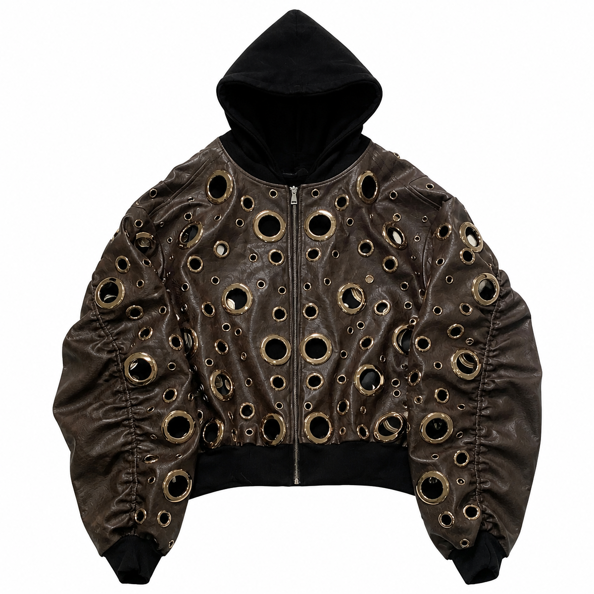 Grunge Oversized Hooded Faux-Leather Jacket with Eyelet Detail