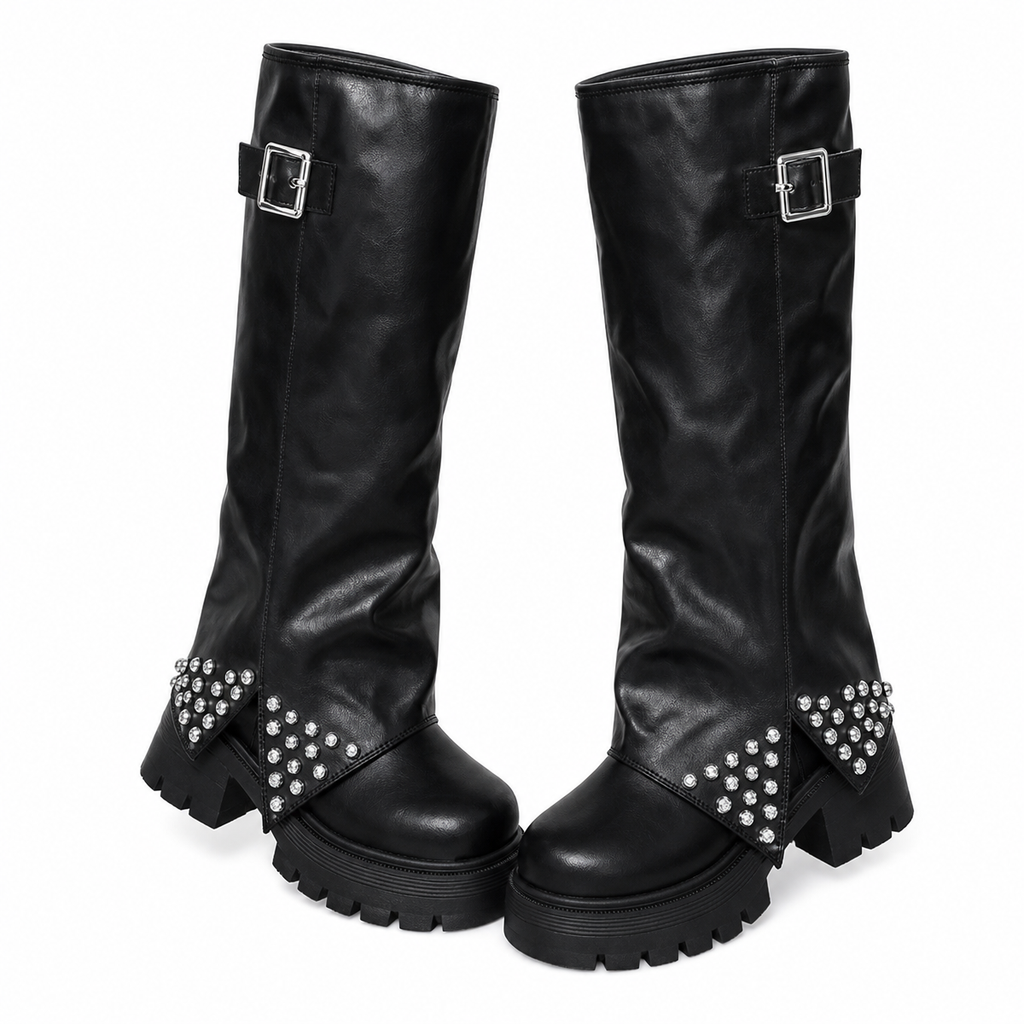 Women’s Knee-High Platform Boots with Rhinestone Buckle Detail