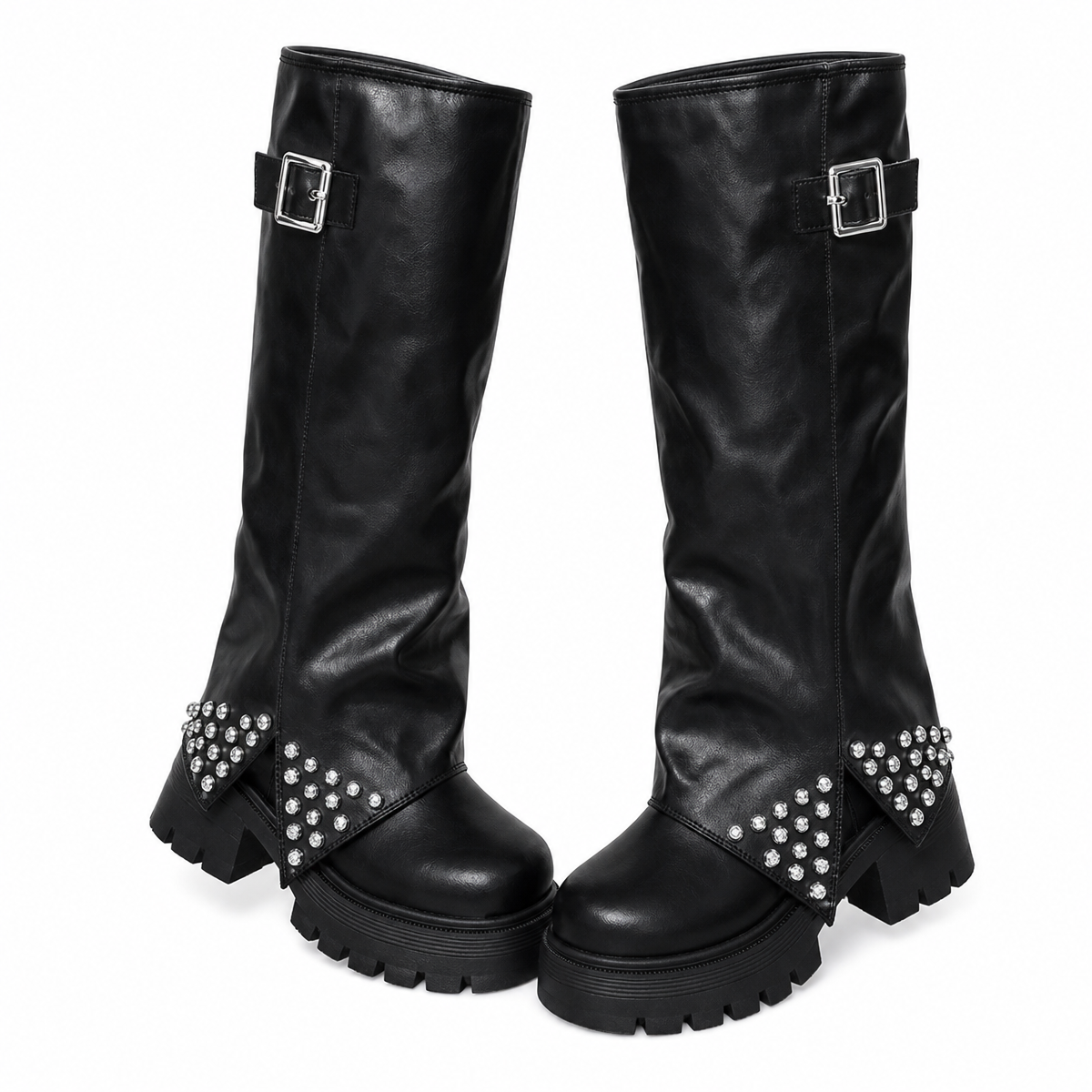 Women’s Knee-High Platform Boots with Rhinestone Buckle Detail