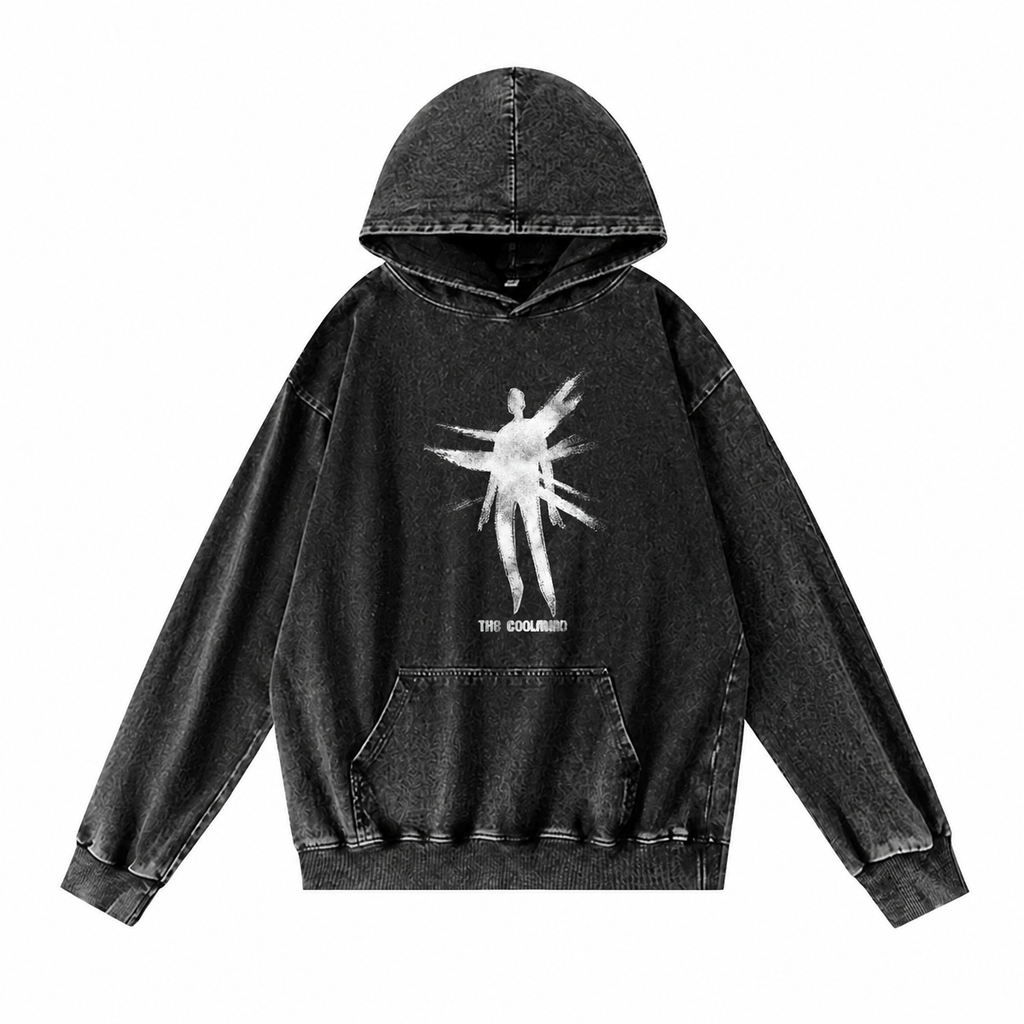 Grunge Acid-Washed Black Printed Pullover Hoodie
