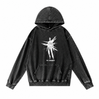 Grunge Acid-Washed Black Printed Pullover Hoodie