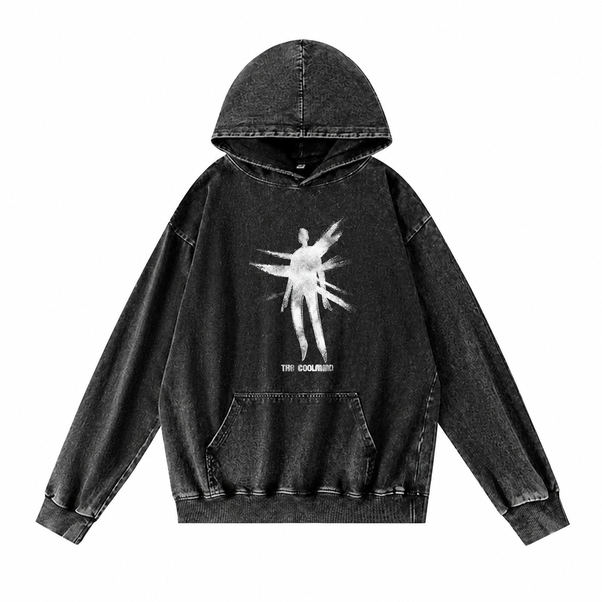 Grunge Acid-Washed Black Printed Pullover Hoodie