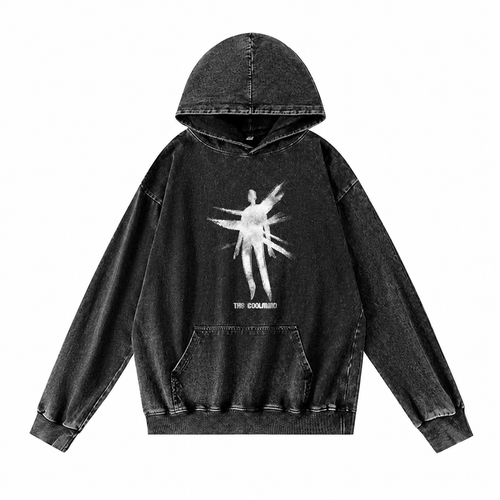 Grunge Acid-Washed Black Printed Pullover Hoodie