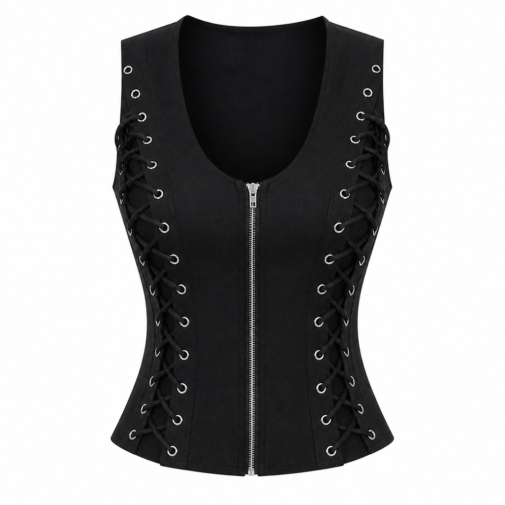 Grunge Black Sleeveless Lace-Up Corset Top
