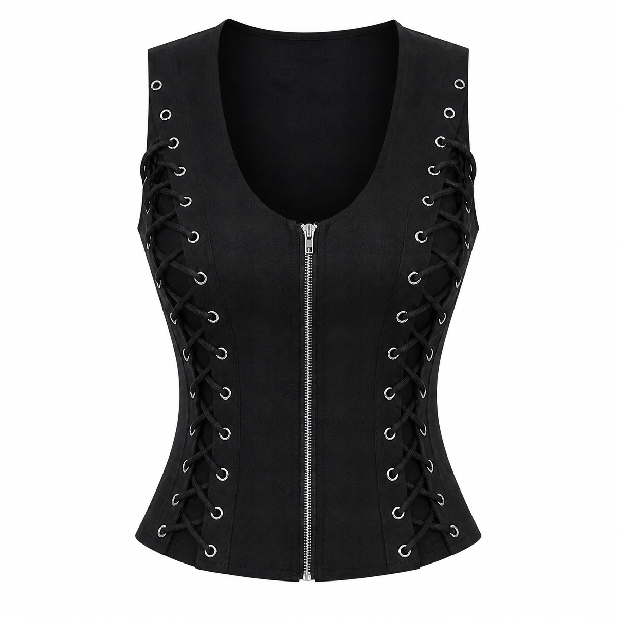 Grunge Black Sleeveless Lace-Up Corset Top
