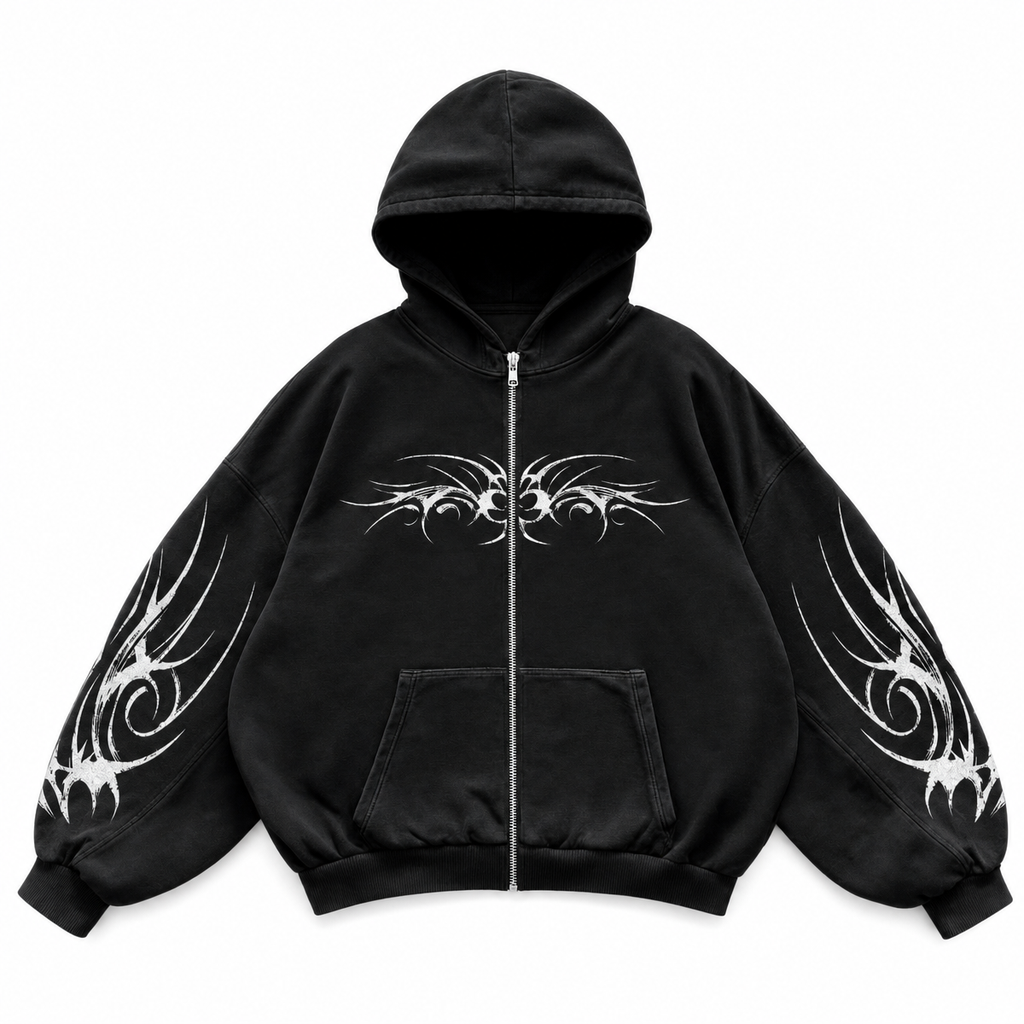 Women's Black Graphic Zip-Up Hoodie