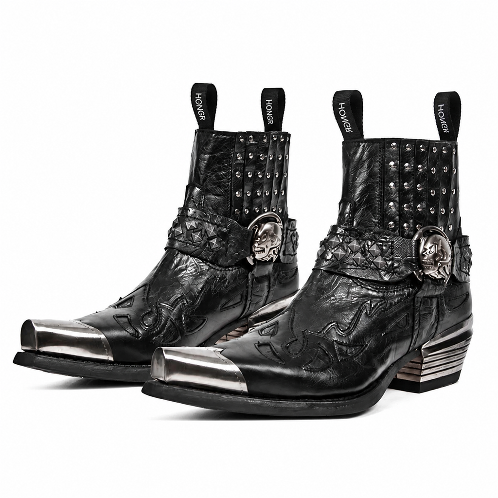 Grunge Metallic-Trim Pointed-Toe Punk Chelsea Boots