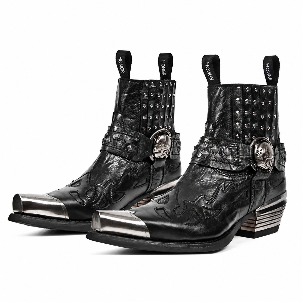 Grunge Metallic-Trim Pointed-Toe Punk Chelsea Boots