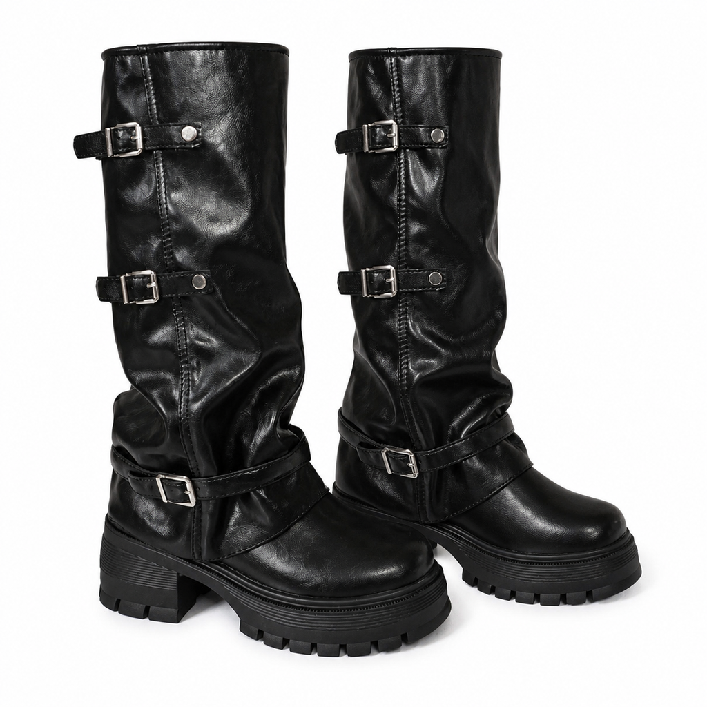 Grunge Knee-High Platform Motorcycle Boots with Multi-Buckle Straps