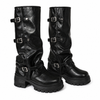 Grunge Knee-High Platform Motorcycle Boots with Multi-Buckle Straps