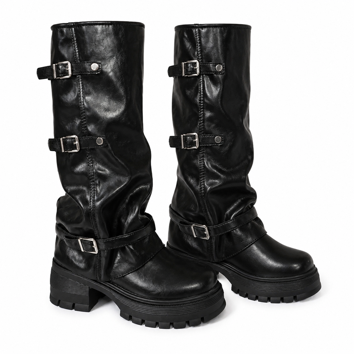 Grunge Knee-High Platform Motorcycle Boots with Multi-Buckle Straps