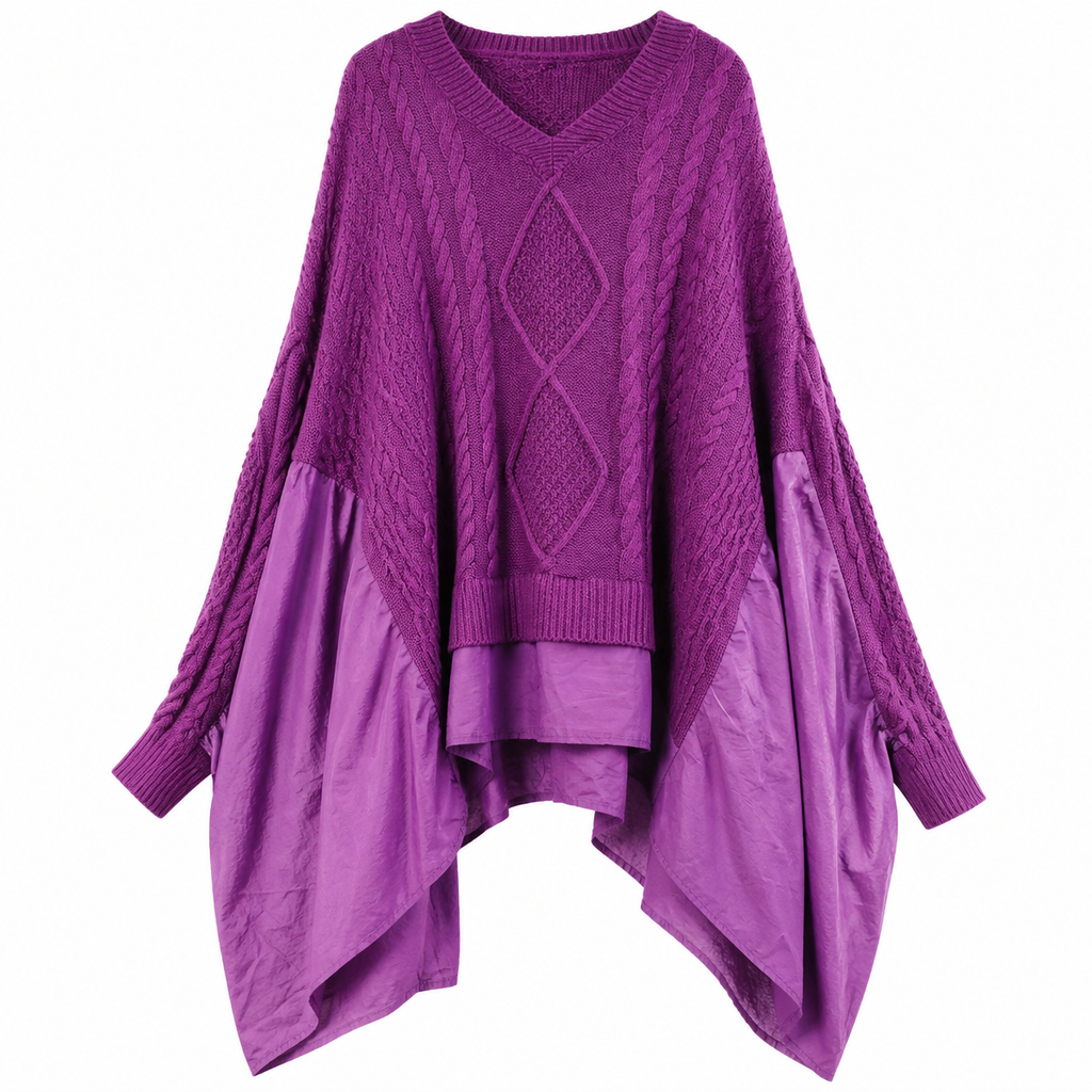 DEAT 2024 Autumn New Fashion Women's Twists Knitting Spliced Sweater Loose Bat Sleeve V-neck Long Pullovers Female 33A1448