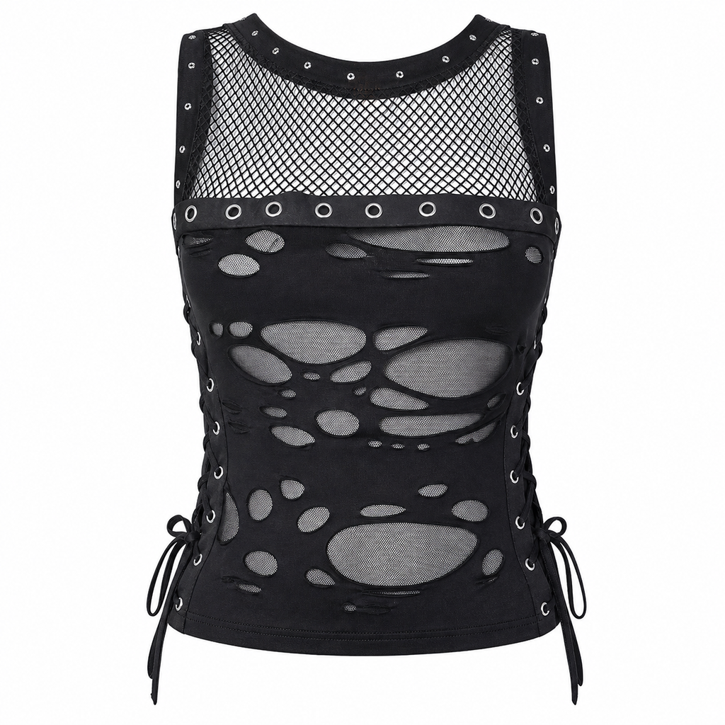 Black Gothic Lace-Mesh Sleeveless Distressed Top