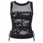 Black Gothic Lace-Mesh Sleeveless Distressed Top