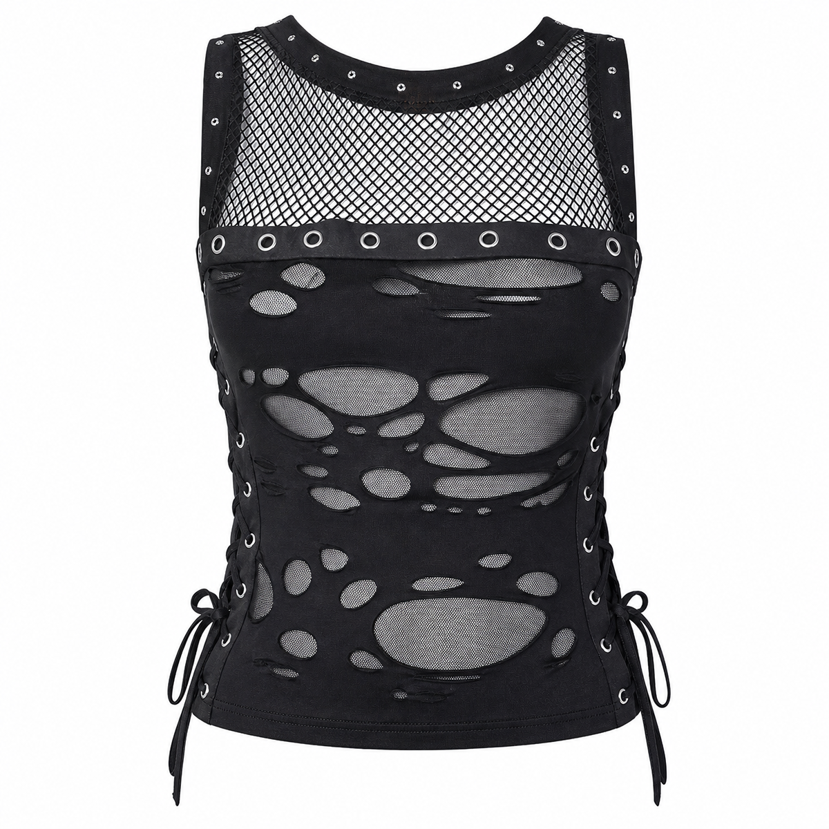 Black Gothic Lace-Mesh Sleeveless Distressed Top