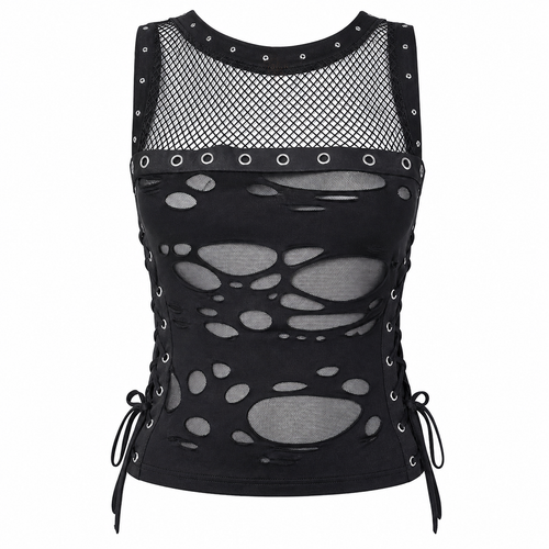 Black Gothic Lace-Mesh Sleeveless Distressed Top