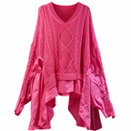Women's Pink Cable-Knit Patchwork V-Neck Sweater