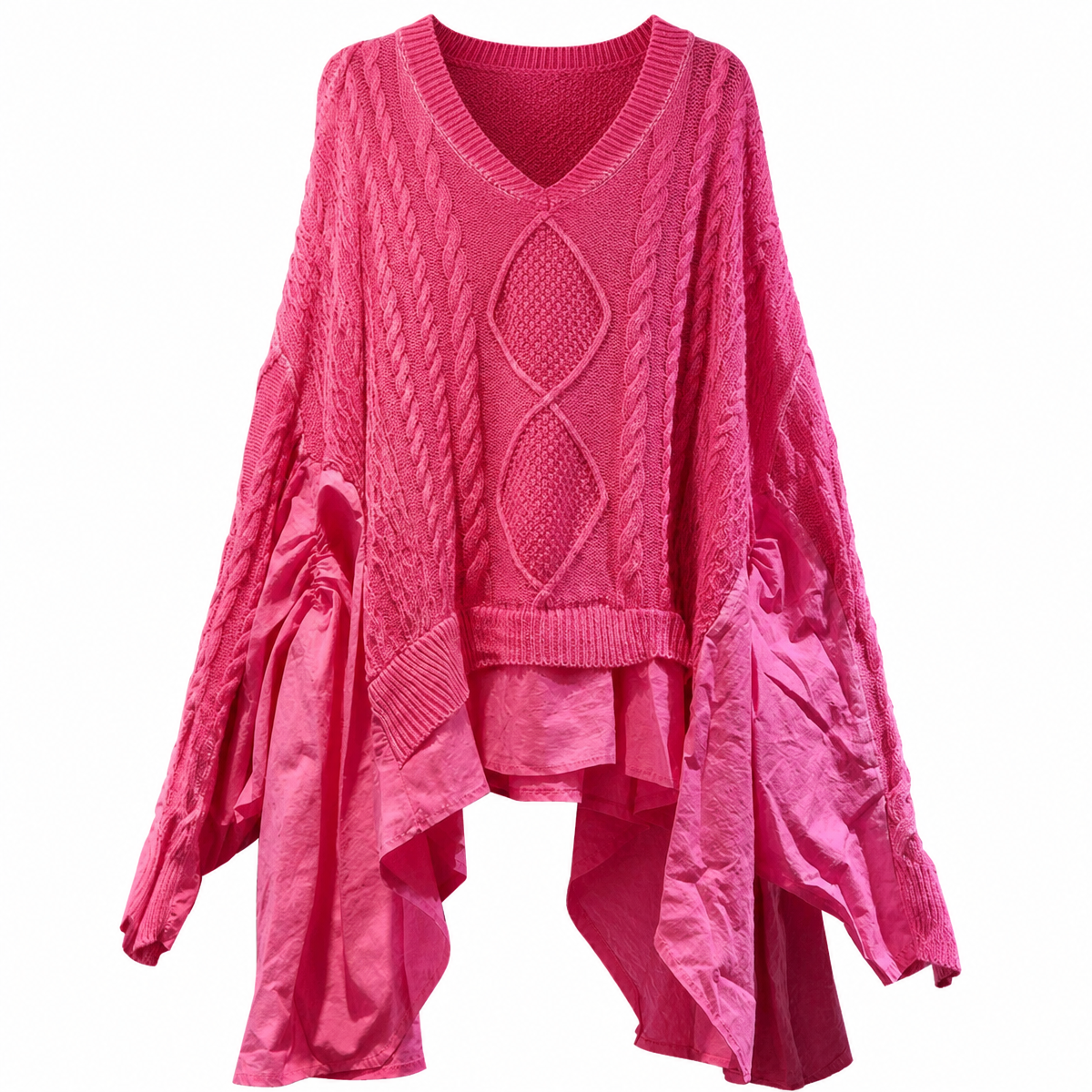 Women's Pink Cable-Knit Patchwork V-Neck Sweater