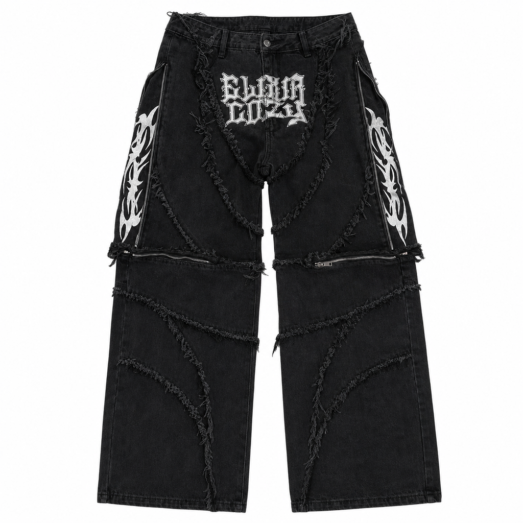 Men's Black Patchwork Embroidered Zipper-Panel Baggy Jeans