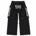 Men's Black Patchwork Embroidered Zipper-Panel Baggy Jeans