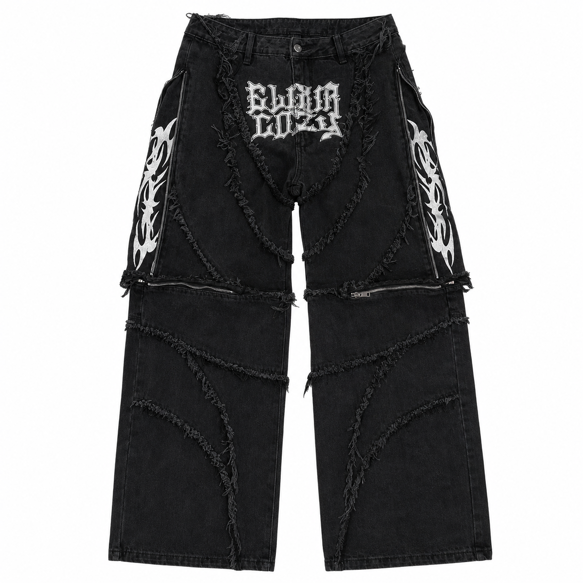 Men's Black Patchwork Embroidered Zipper-Panel Baggy Jeans