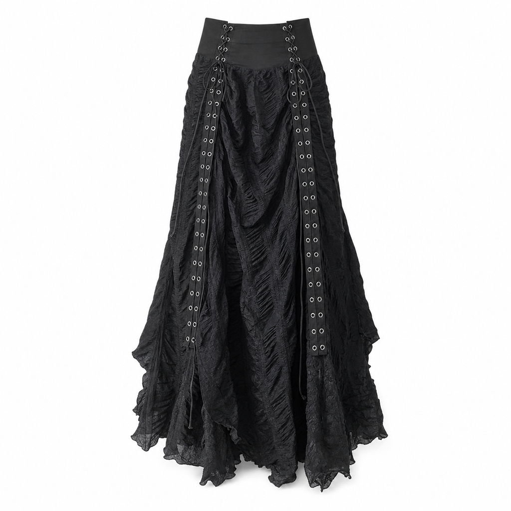 Black High-Rise Lace-Up Ruched Maxi Skirt