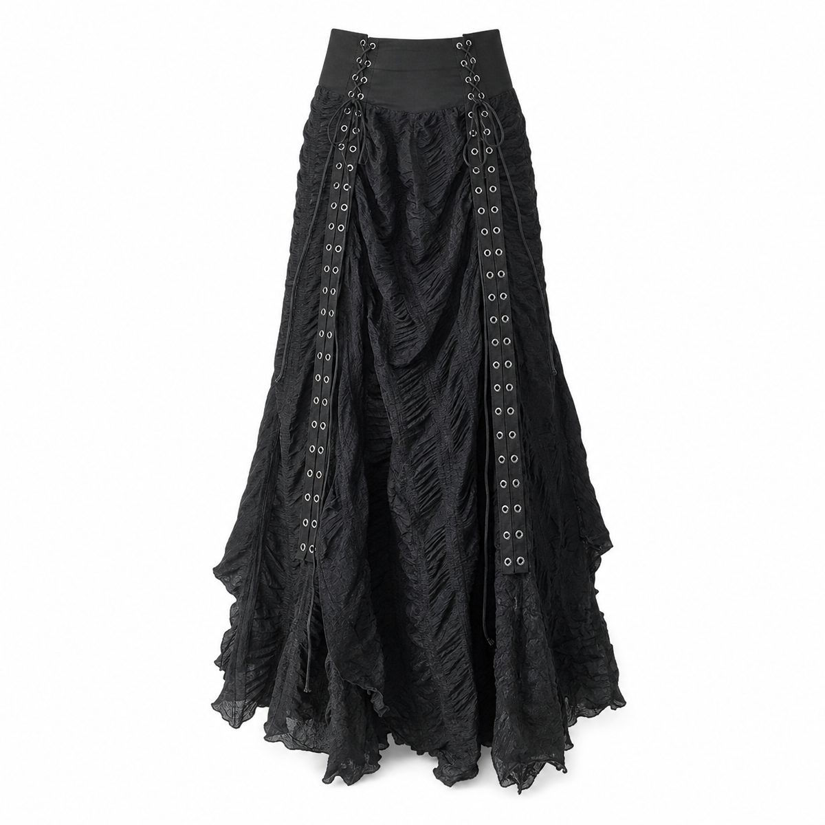 Black High-Rise Lace-Up Ruched Maxi Skirt