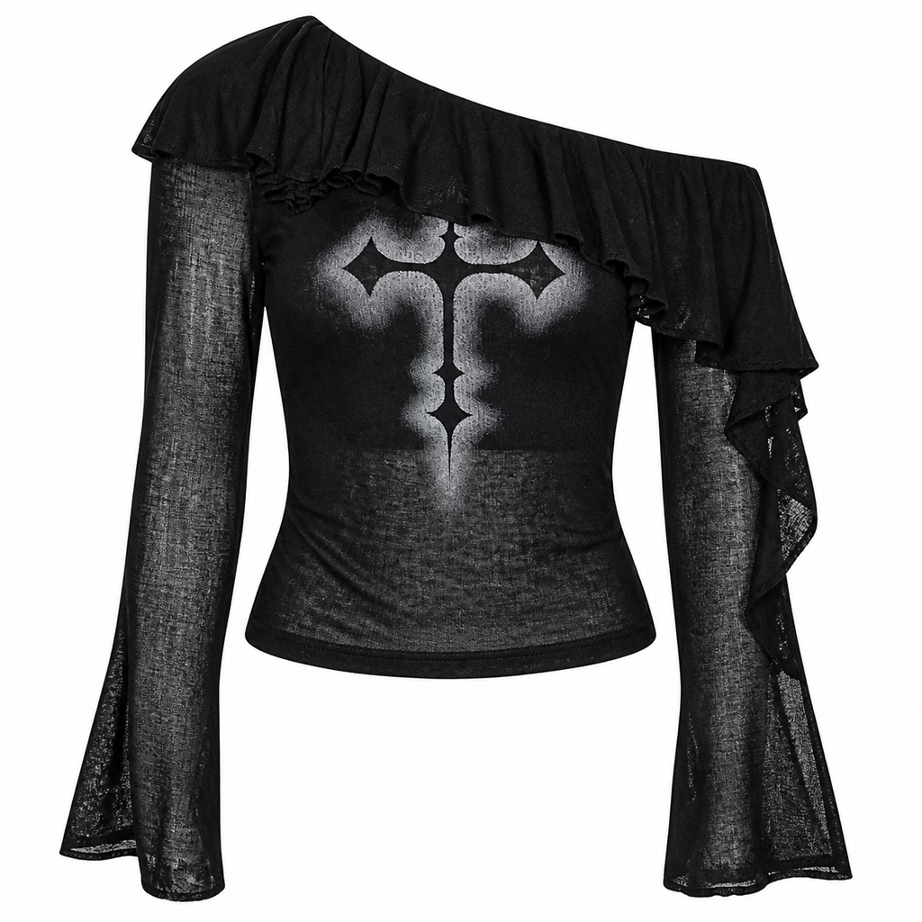 Grunge Black Gothic Graphic Off-Shoulder Flare-Sleeve Top
