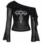 Grunge Black Gothic Graphic Off-Shoulder Flare-Sleeve Top