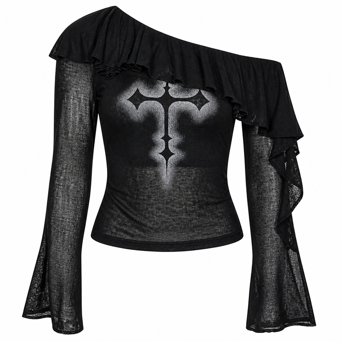 Grunge Black Gothic Graphic Off-Shoulder Flare-Sleeve Top