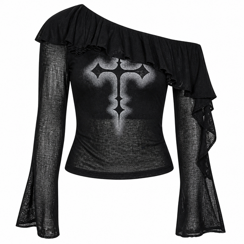 Grunge Black Gothic Graphic Off-Shoulder Flare-Sleeve Top