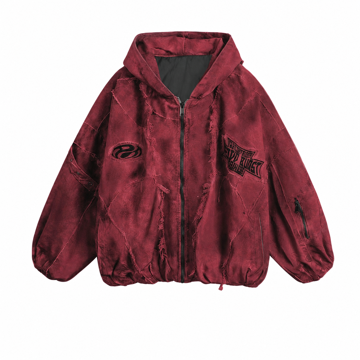 Men's Dark Red Hooded Distressed Utility Jacket