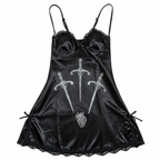 Grunge Black Lace-Trimmed Dagger Print Slip Dress