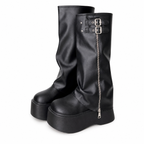 Black Platform Knee-High Boots with Buckle Details