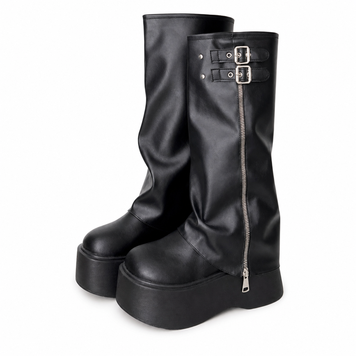 Black Platform Knee-High Boots with Buckle Details