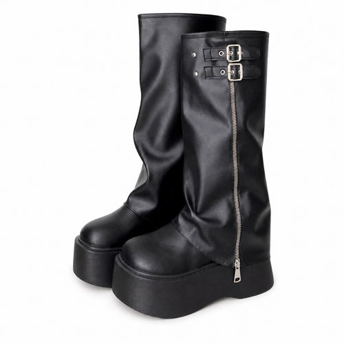 Black Platform Knee-High Boots with Buckle Details