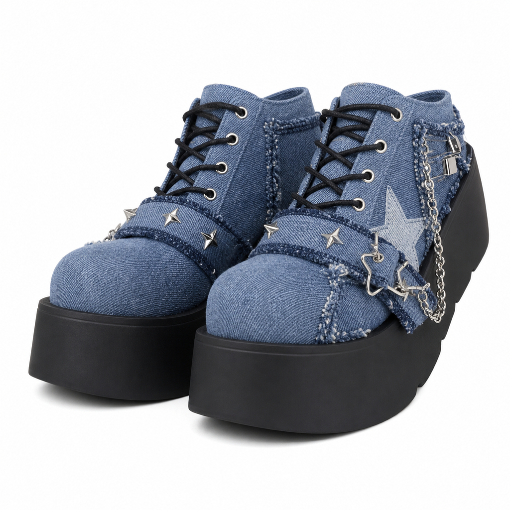Star-Print Platform Ankle Boots with Chain Detail