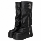 Grunge Black Platform Knee-High Boots with Buckle Details