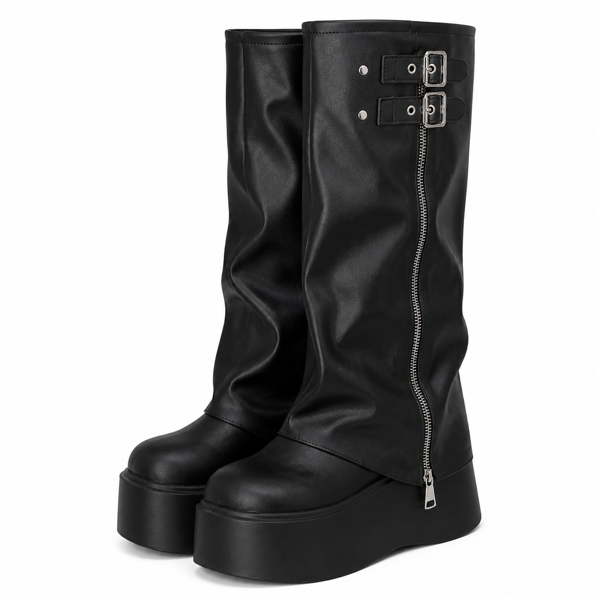 Grunge Black Platform Knee-High Boots with Buckle Details