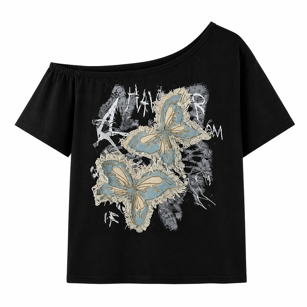 Grunge Black Butterfly Patchwork Off-Shoulder T-Shirt