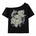 Grunge Black Butterfly Patchwork Off-Shoulder T-Shirt