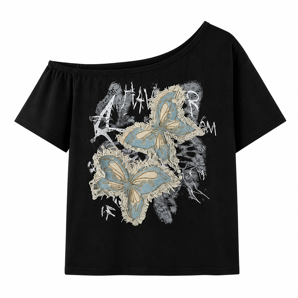 Grunge Black Butterfly Patchwork Off-Shoulder T-Shirt